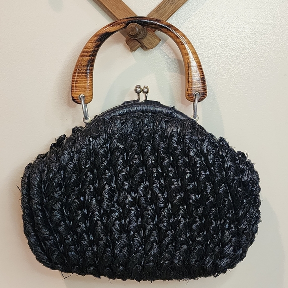 Vintage Wood Handle Purse Made in Japan Black Woven Acrylic Bowling Bag Shape - Picture 2 of 10